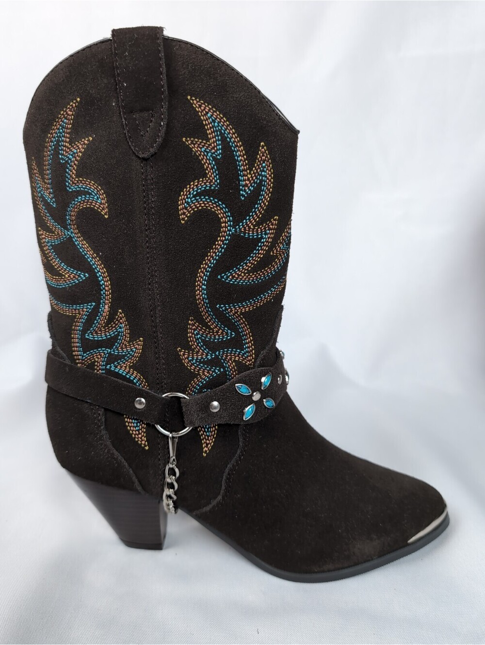 Dingo Women's 7.5 Chocolate Brown Suede Pointed Turquoise Accent Cowboy Boots